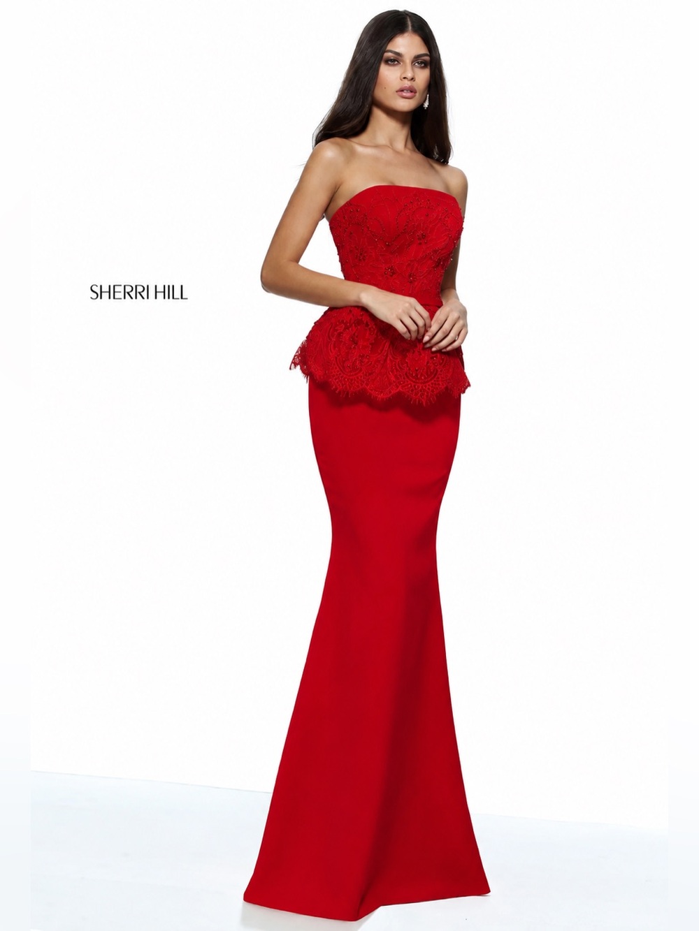 Sherri Hill Strapless Red Lace Peplum Mermaid Gown Size 2